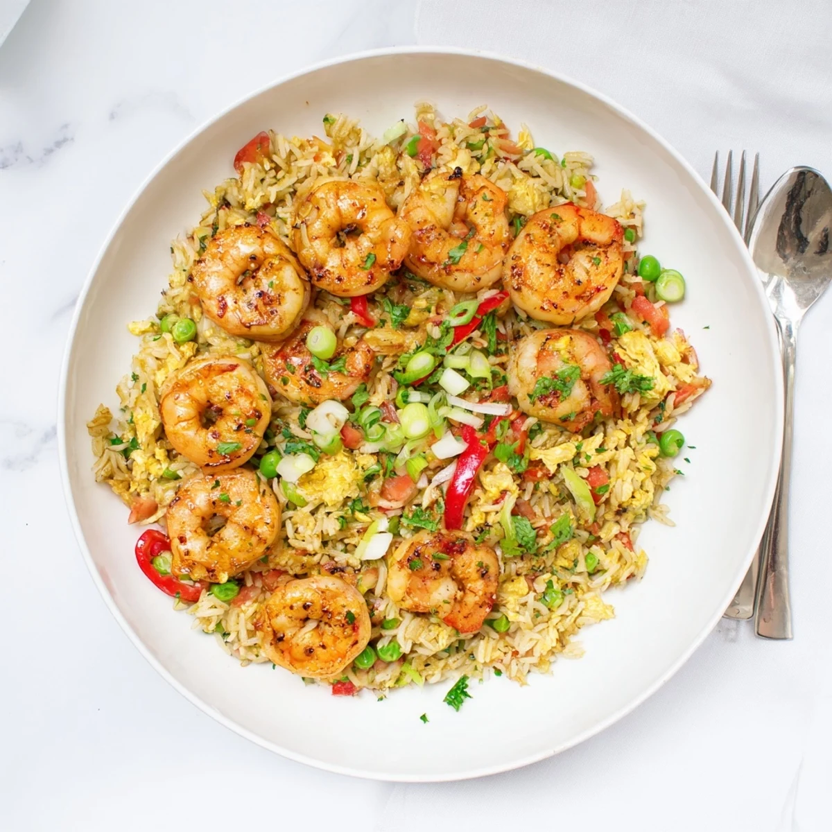 Golden garlic prawns atop vibrant sweet chilli fried rice with colorful vegetables