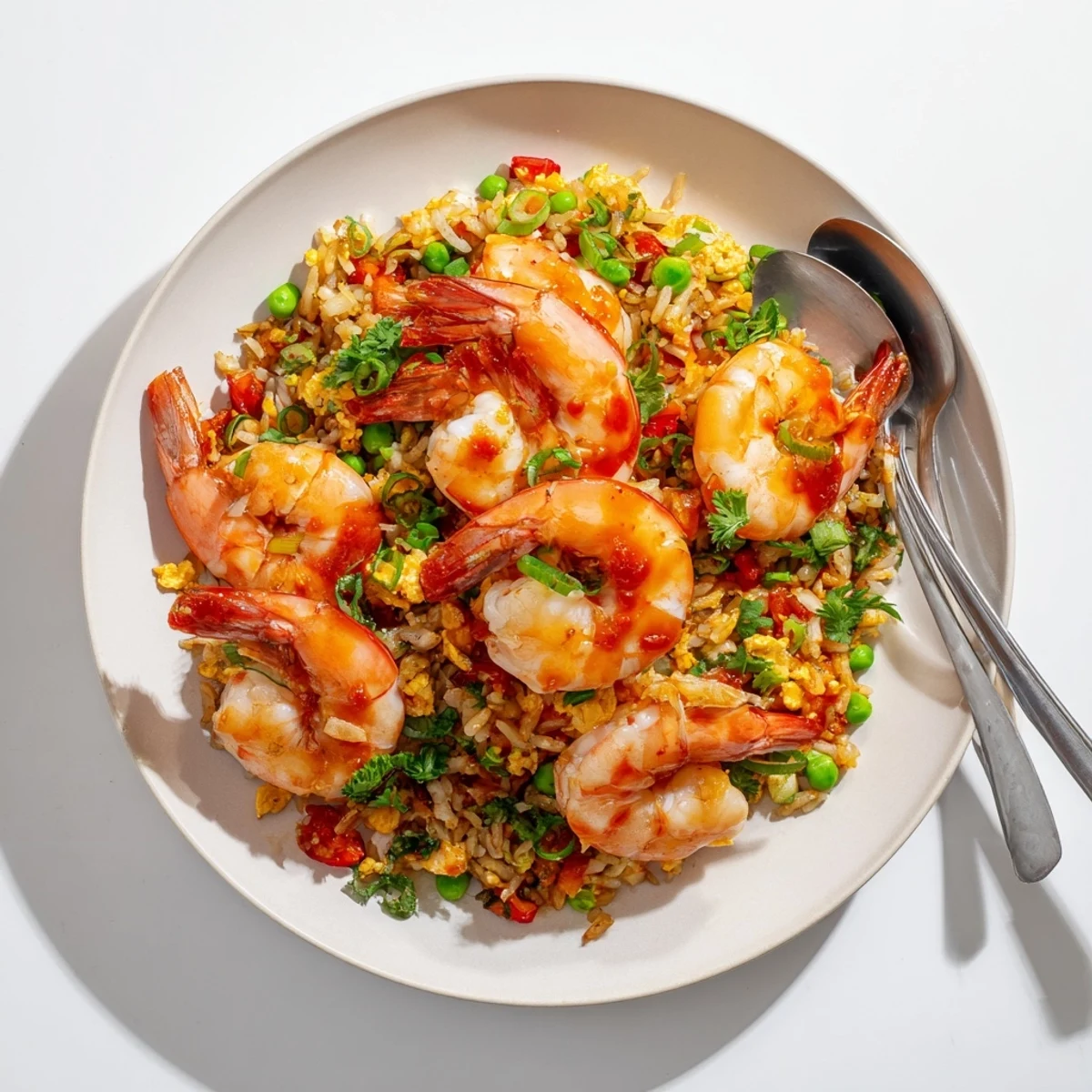 Succulent garlic butter prawns served over steaming Asian-inspired sweet chilli fried rice