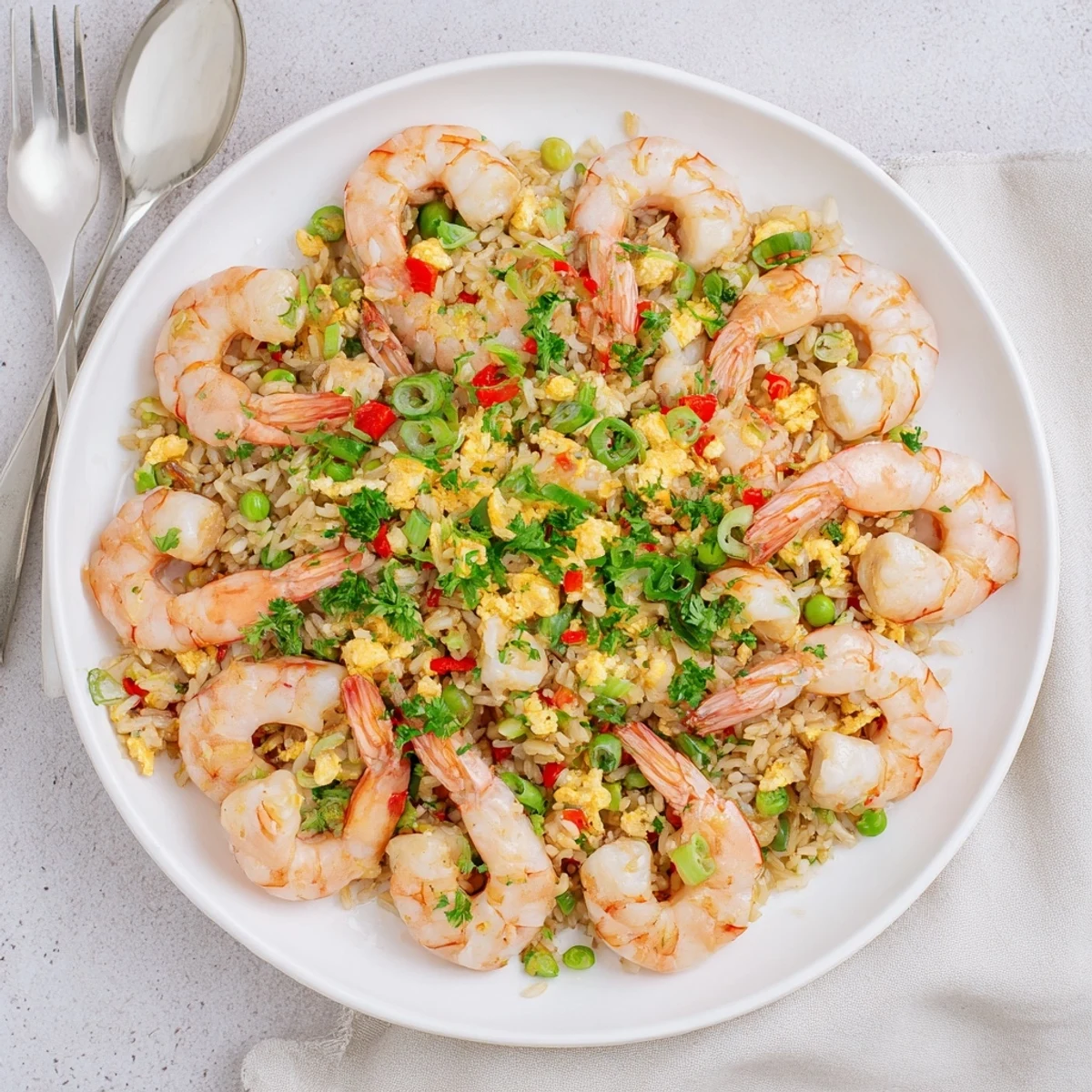 Plump prawns in garlic garnishing a bowl of sweet chilli vegetable fried rice