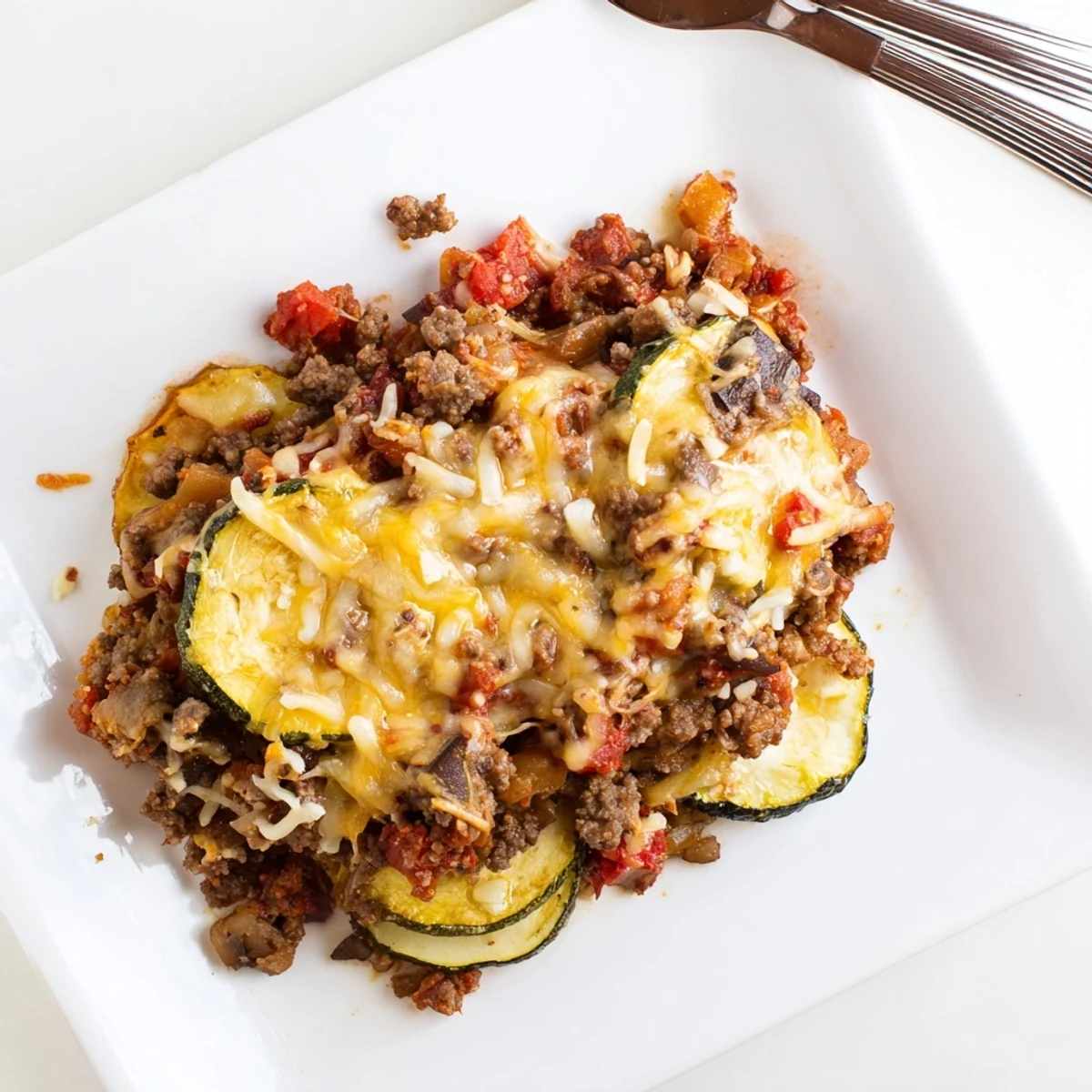 Golden bubbly cheesy beef zucchini casserole fresh from oven with melted cheese topping