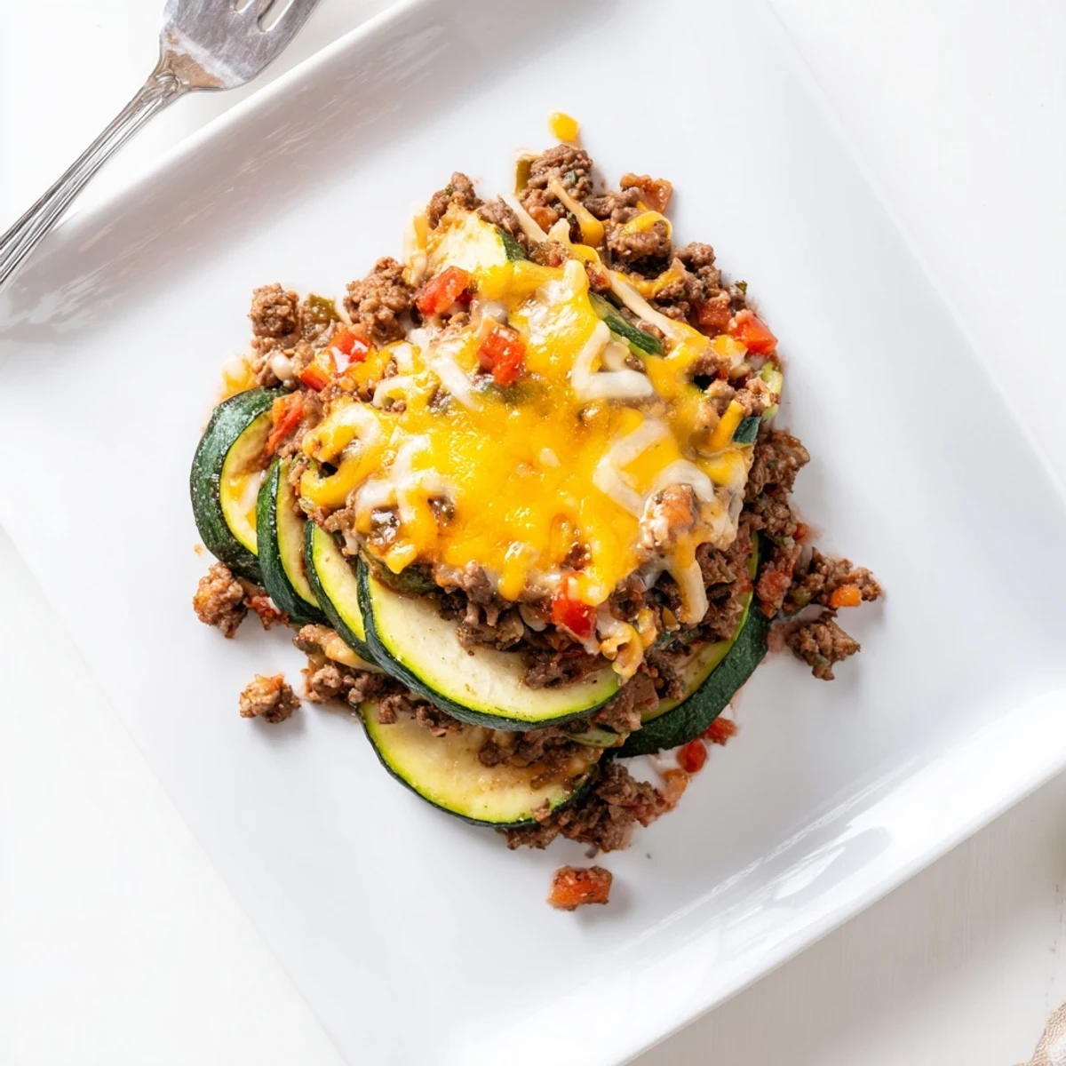 Homemade cheesy beef zucchini casserole featuring tender zucchini slices and rich cheddar sauce