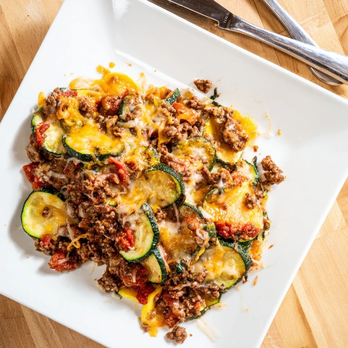 Hearty layered cheesy beef zucchini casserole served with crusty bread for family dinner