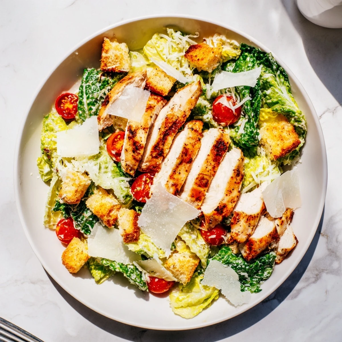 Golden grilled chicken slices resting over crisp romaine lettuce in this Best Chicken Caesar Salad