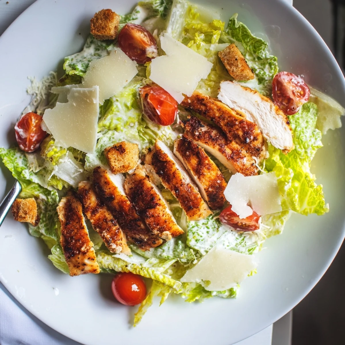 Sliced grilled chicken tops crunchy croutons and shaved Parmesan in this Best Chicken Caesar Salad