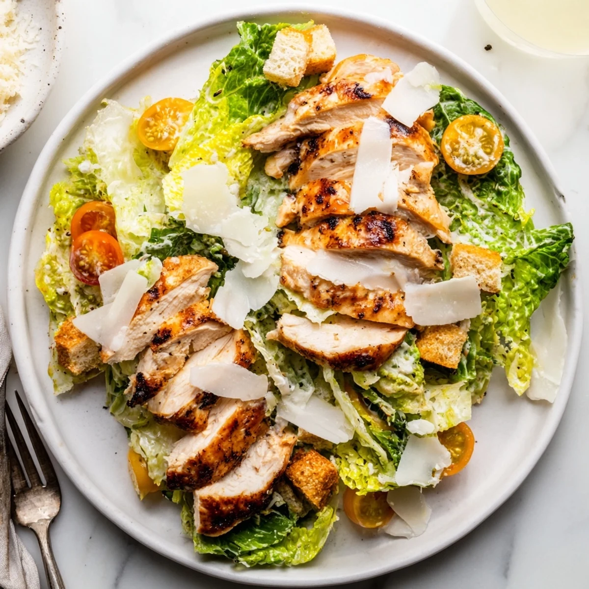 Creamy homemade Caesar dressing coats fresh romaine and juicy chicken in this Best Chicken Caesar Salad