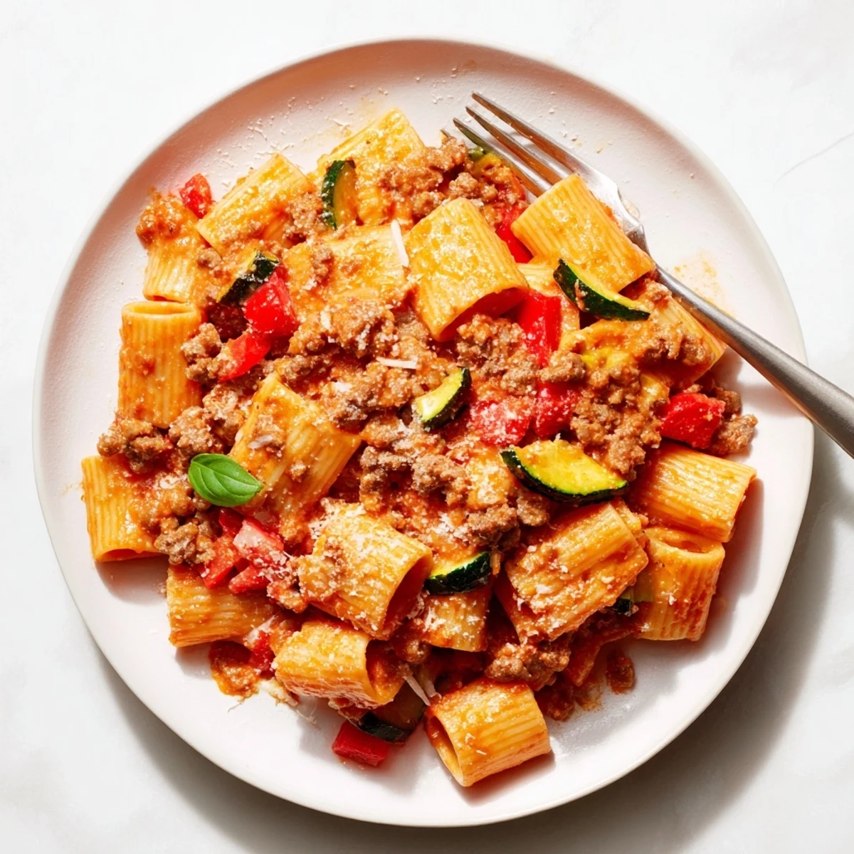 One pot sausage pasta with tender penne in rich tomato sauce, garnished with fresh basil and grated Parmesan