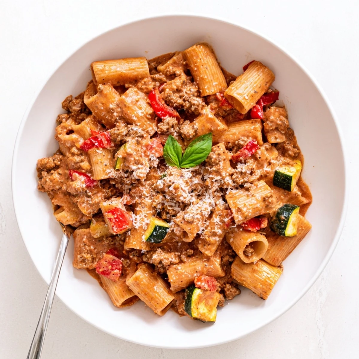Steaming one pot sausage pasta dish with juicy sausage, zucchini, and bell peppers simmered in a thick red sauce