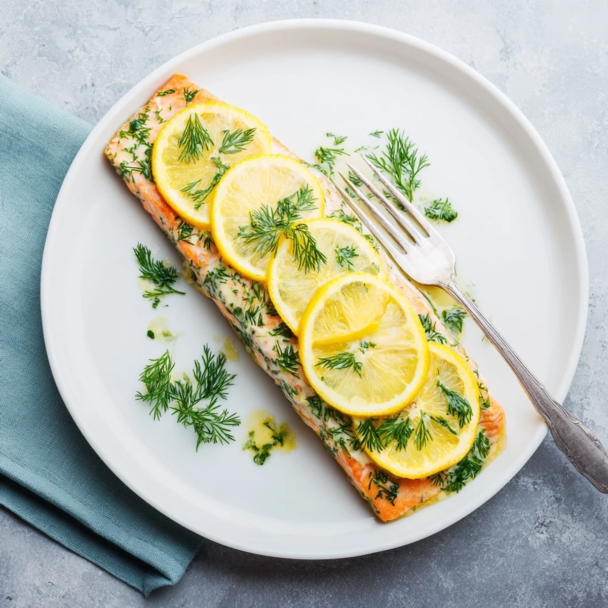 Golden baked salmon fillet topped with fresh dill and bright lemon slices on a white plate