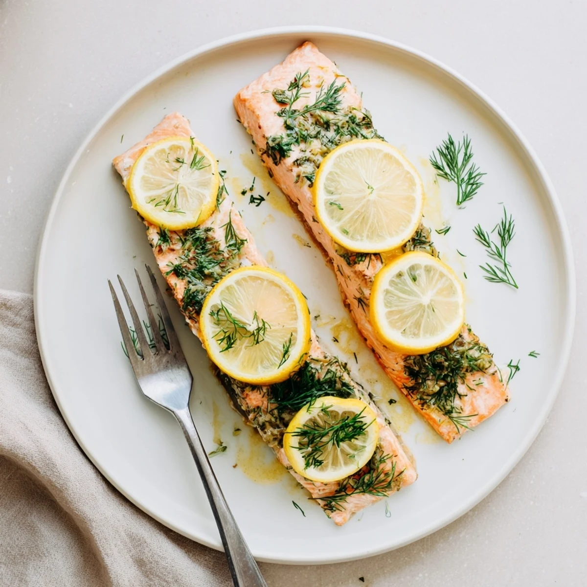 Moist baked salmon with aromatic dill and citrus lemon garnish ready for a family dinner