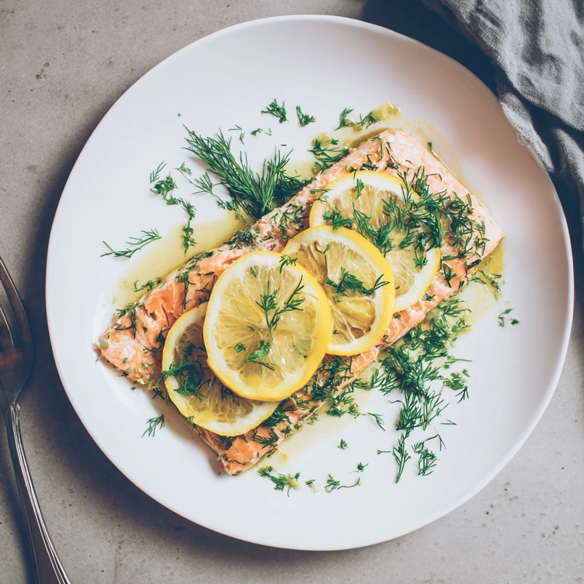Flaky dill and lemon baked salmon served with roasted vegetables for a healthy weeknight dinner