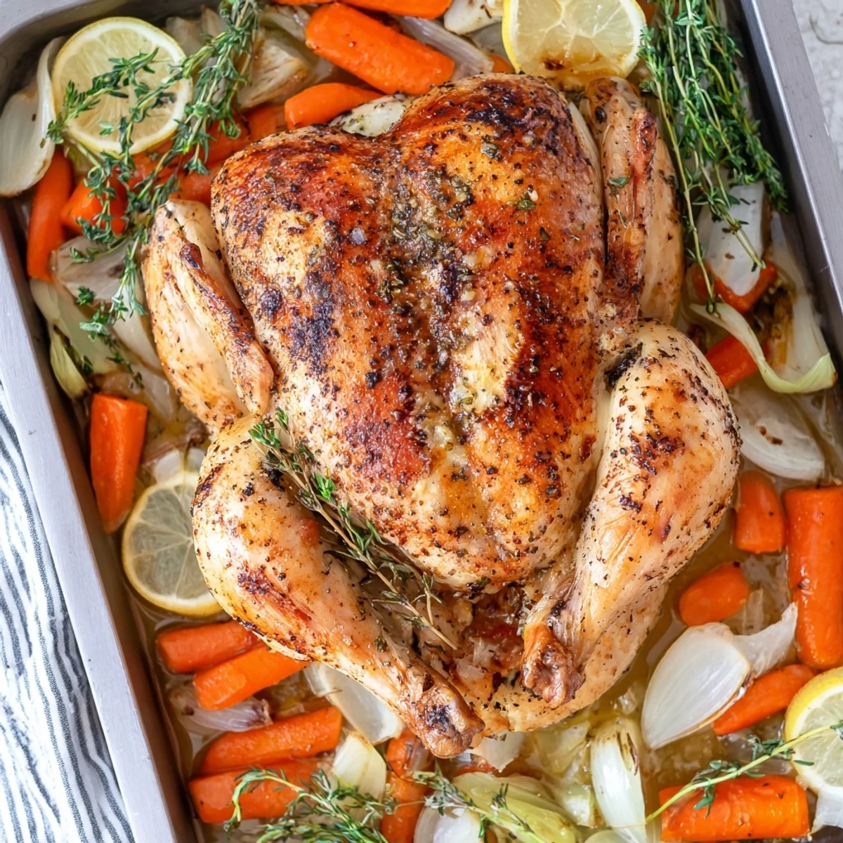 Juicy Mediterranean roast garlic and lemon chicken carved into slices surrounded by roasted vegetables and pan drippings