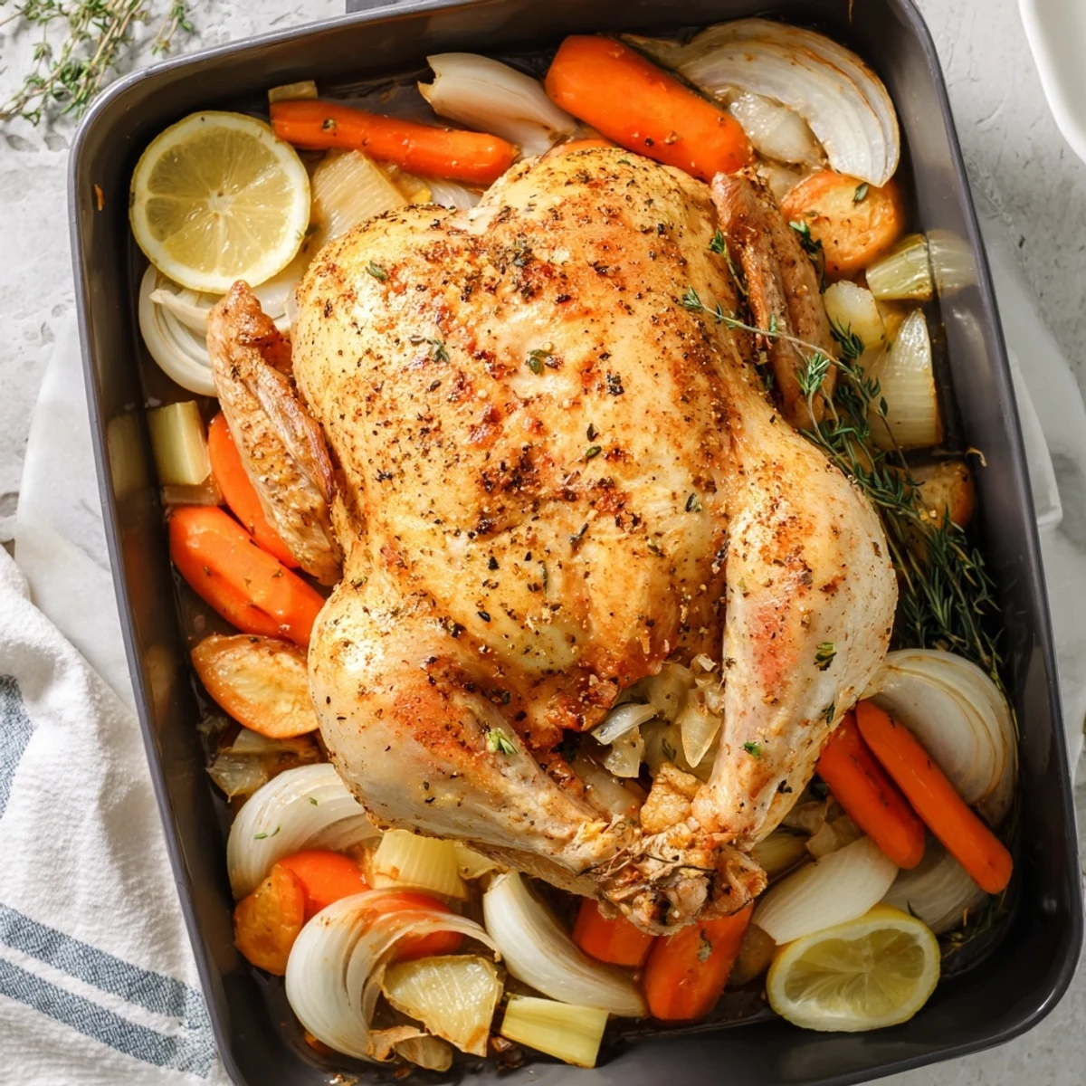 Golden whole roast garlic and lemon chicken with crispy bronzed skin resting on a roasting platter