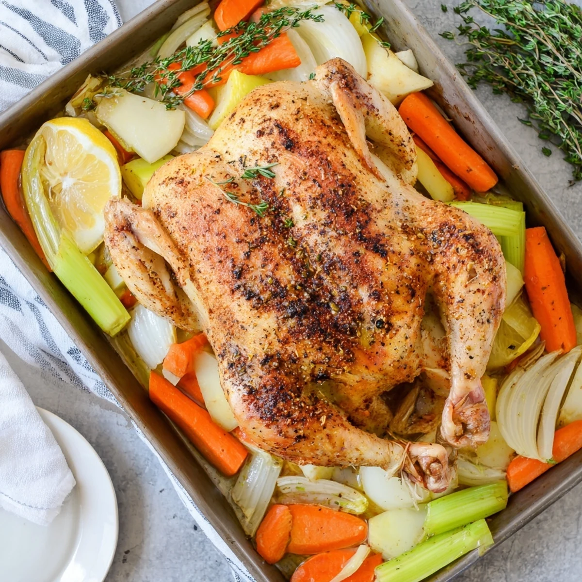 Whole roast garlic and lemon chicken served family style on a white platter with fresh herb garnish