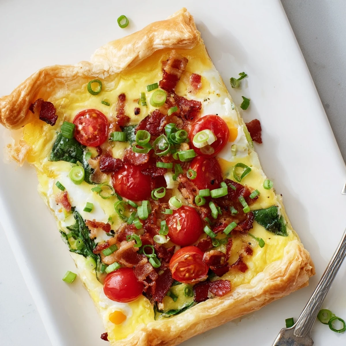 Golden flaky family breakfast tart topped with eggs, bacon, tomatoes, and fresh chives