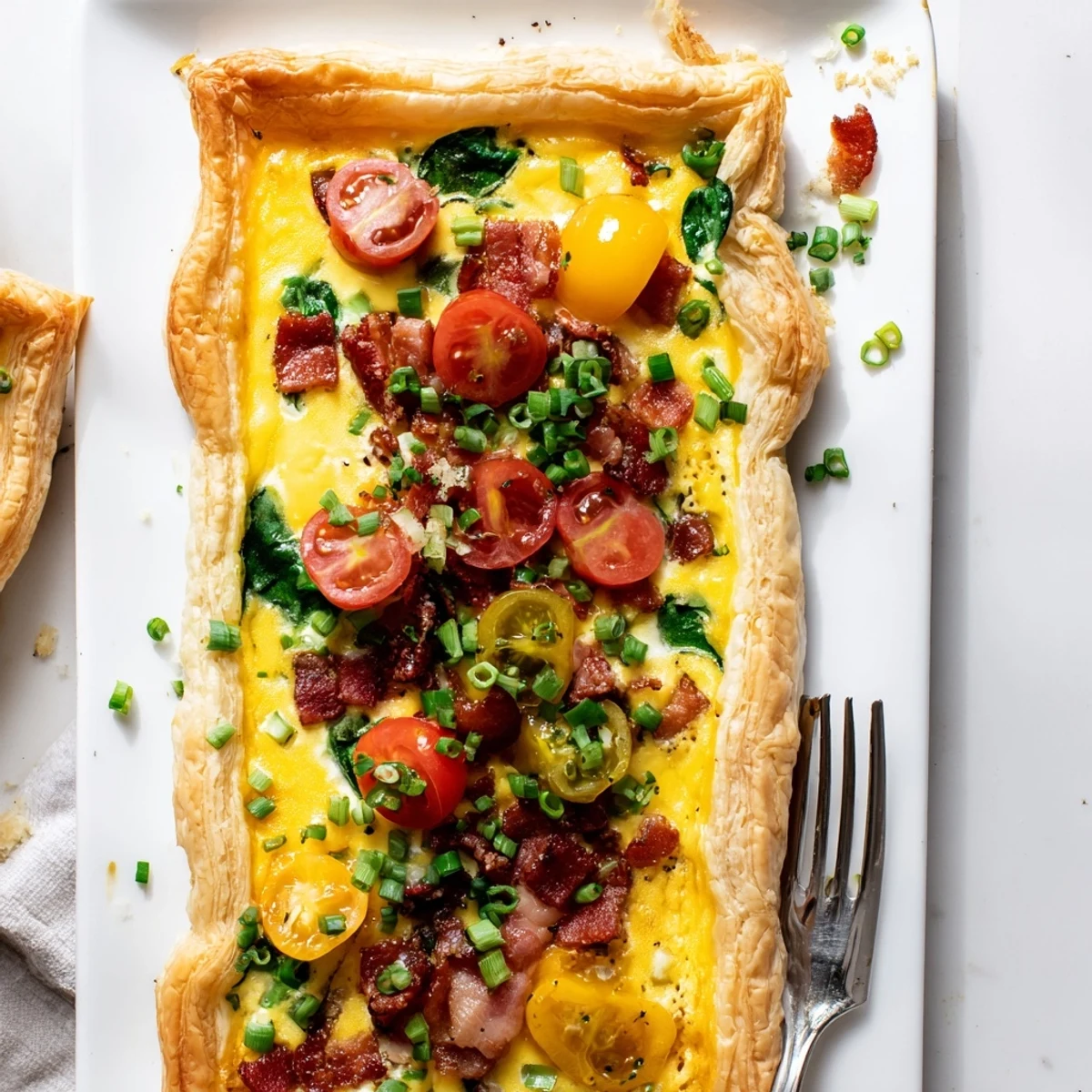 Sliced family breakfast tart with creamy egg filling, crispy bacon, and melted cheddar cheese
