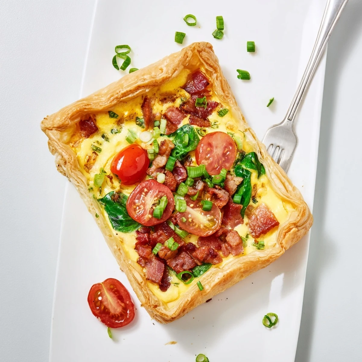 Warm family breakfast tart served on a wooden board with spinach and colorful tomatoes