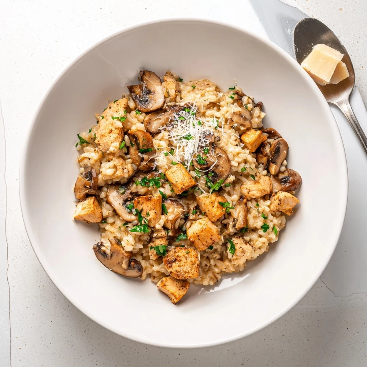 Creamy chicken and mushroom baked risotto garnished with fresh parsley and grated Parmesan cheese