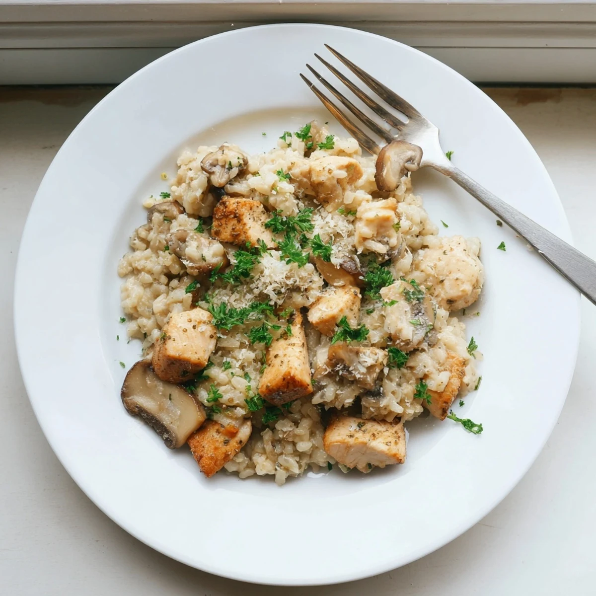 Golden chicken pieces nestled in an Italian baked risotto with earthy sliced mushrooms and herbs
