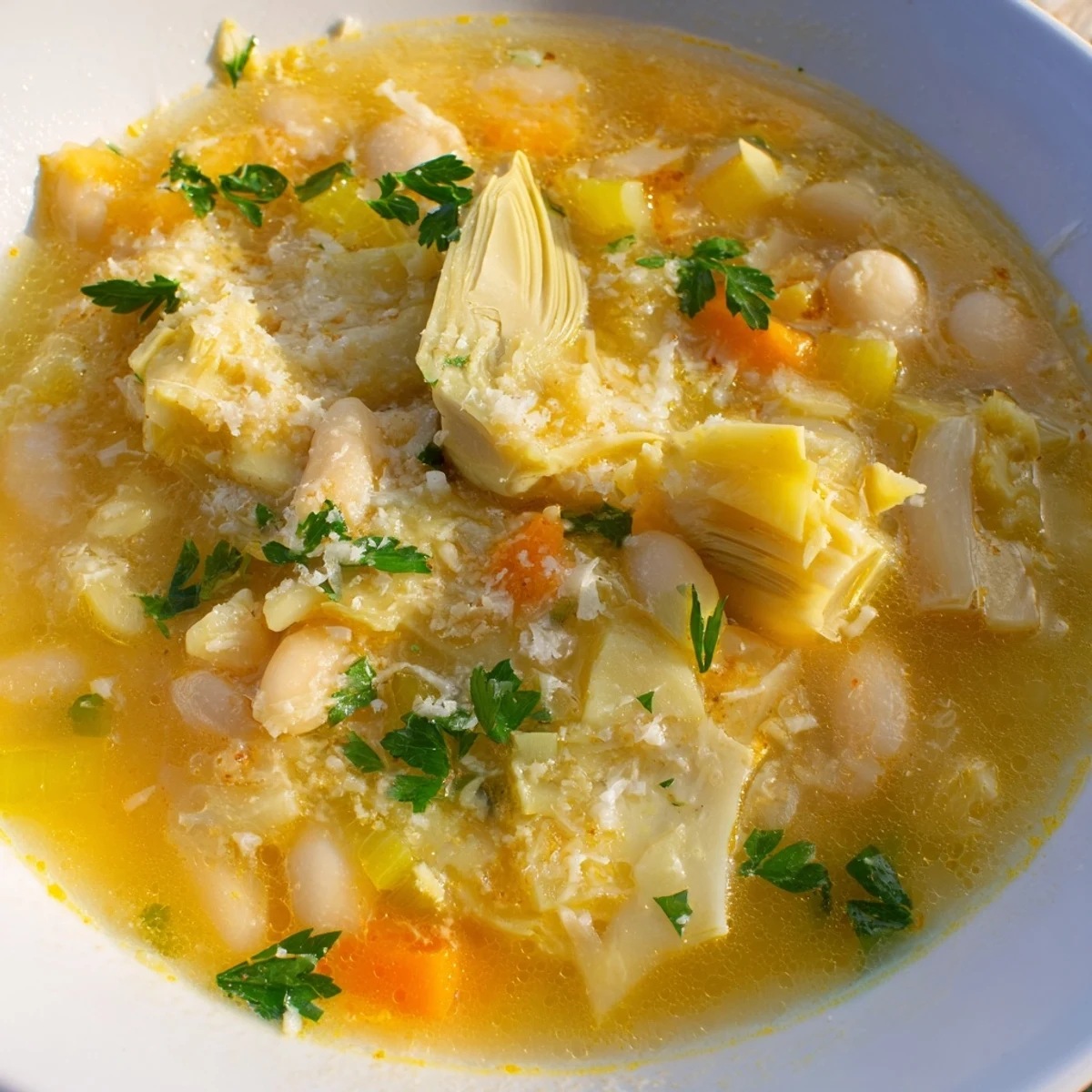 Creamy Lemony Tuscan Artichoke Soup garnished with fresh parsley and lemon wedges in a rustic bowl