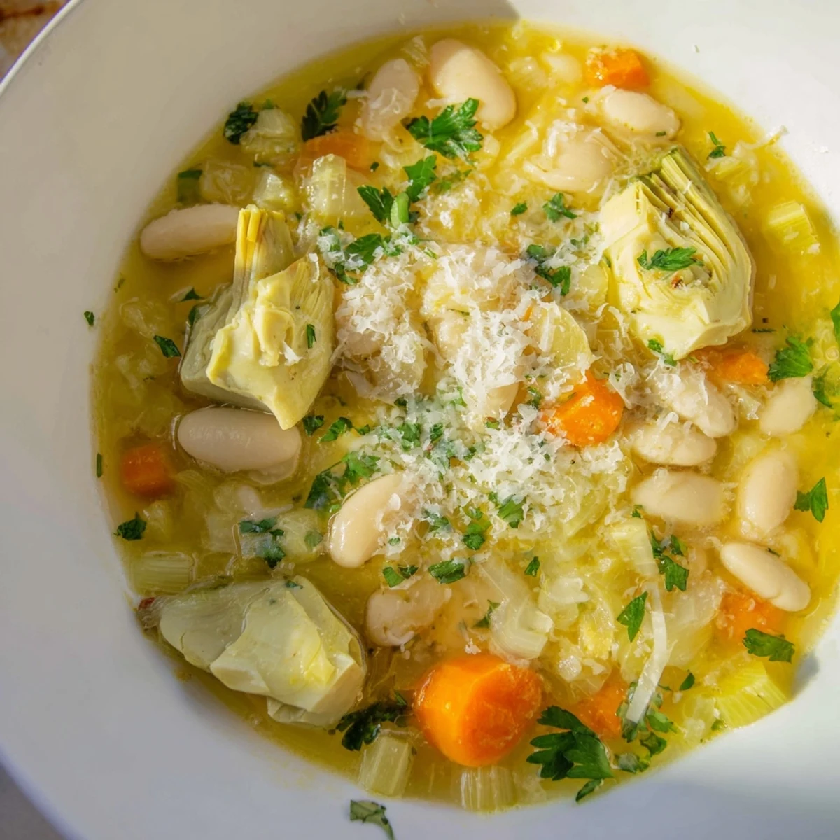 Golden bowl of Tuscan artichoke soup with tender beans and vibrant herbs, ready for cozy dining