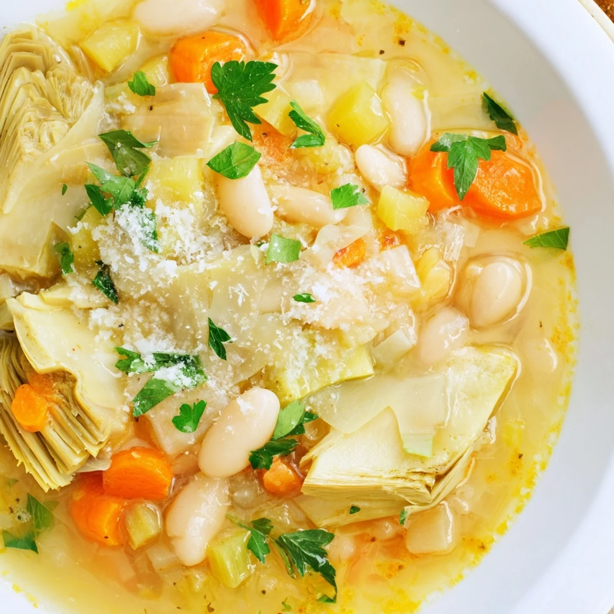Hearty vegetarian Lemony Tuscan Artichoke Soup featuring chunky artichokes and cannellini beans in rich broth