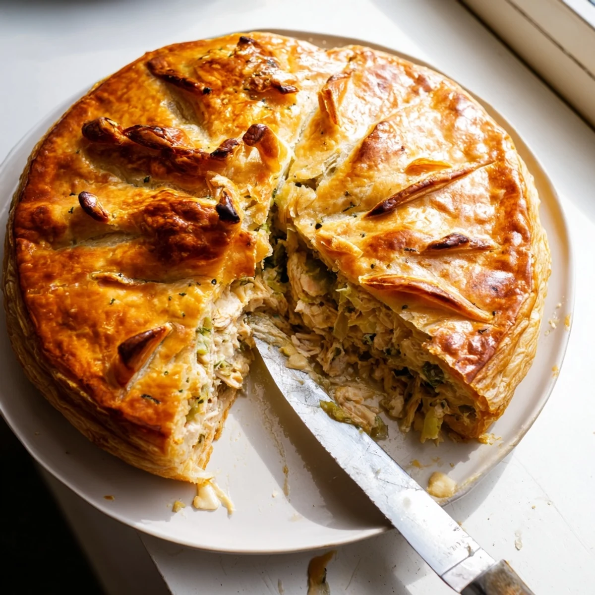 Golden chicken ricotta and herb pie with flaky pastry crust fresh from oven