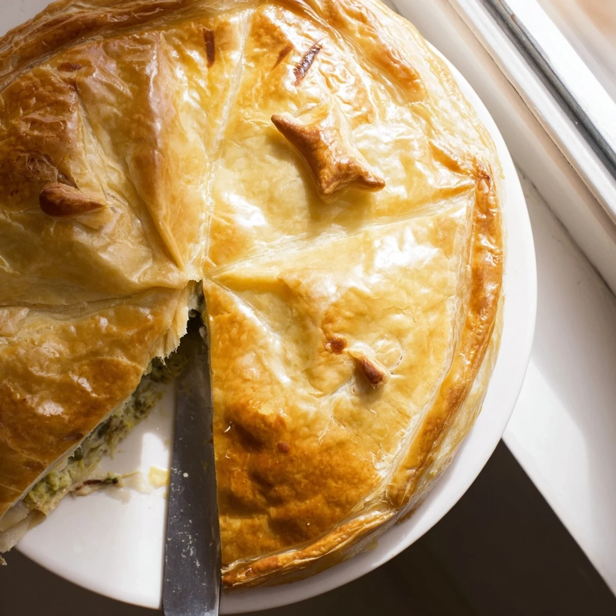 Rustic chicken ricotta pie sliced on white plate with fresh green salad garnish