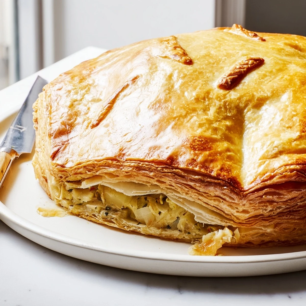 Bubbling chicken ricotta and herb pastry pie with golden brown egg wash glaze