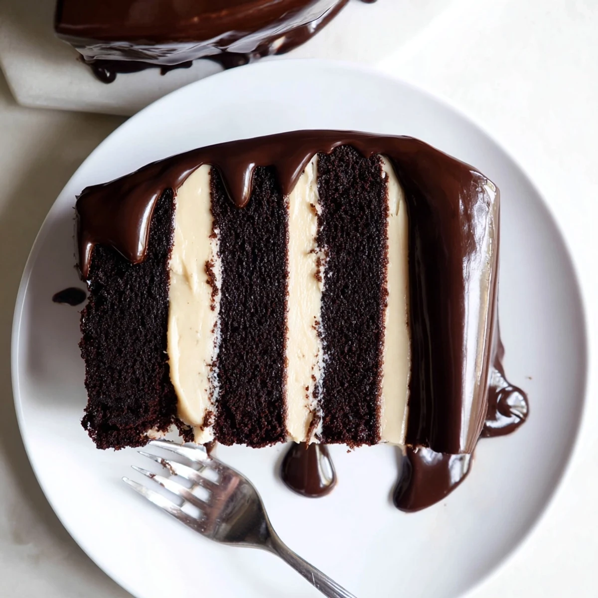 Triple chocolate Matilda cake with three decadent layers stacked high and frosted