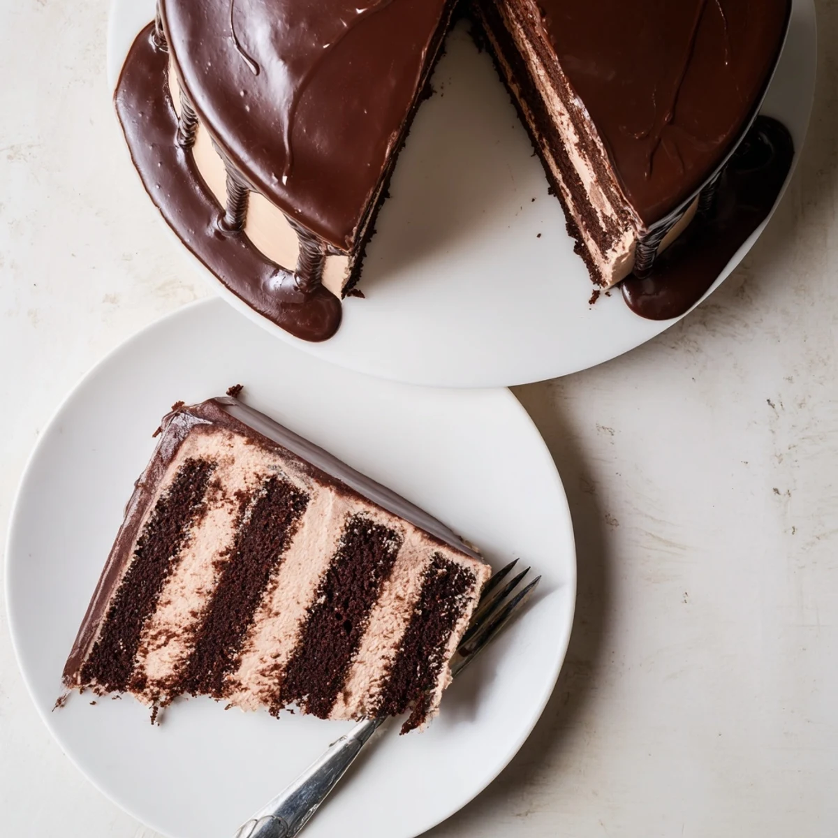 Glossy ganache dripping down the sides of a Triple Matilda Chocolate Cake tower