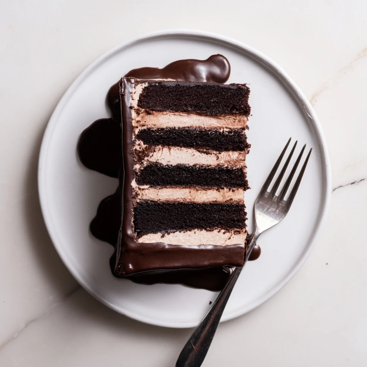 Sliced slice of Triple Matilda Chocolate Cake revealing moist dark chocolate sponge inside