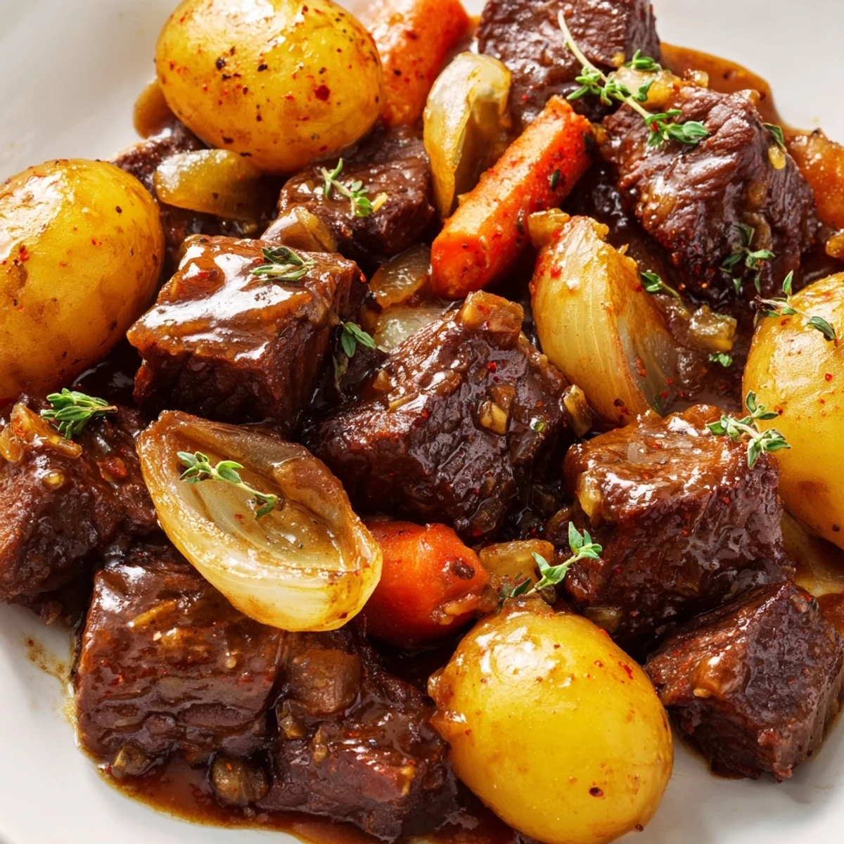 Tender slow cooker garlic butter beef with potatoes in a rich golden sauce