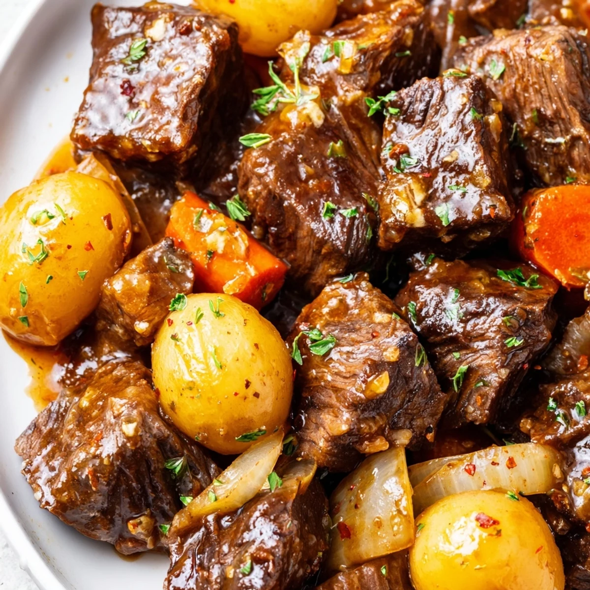 Fork-tender beef chunks and baby potatoes coated in garlic butter herb glaze