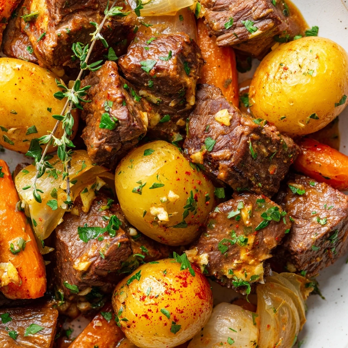 Heaping bowl of slow cooker garlic butter beef alongside roasted carrots and potatoes