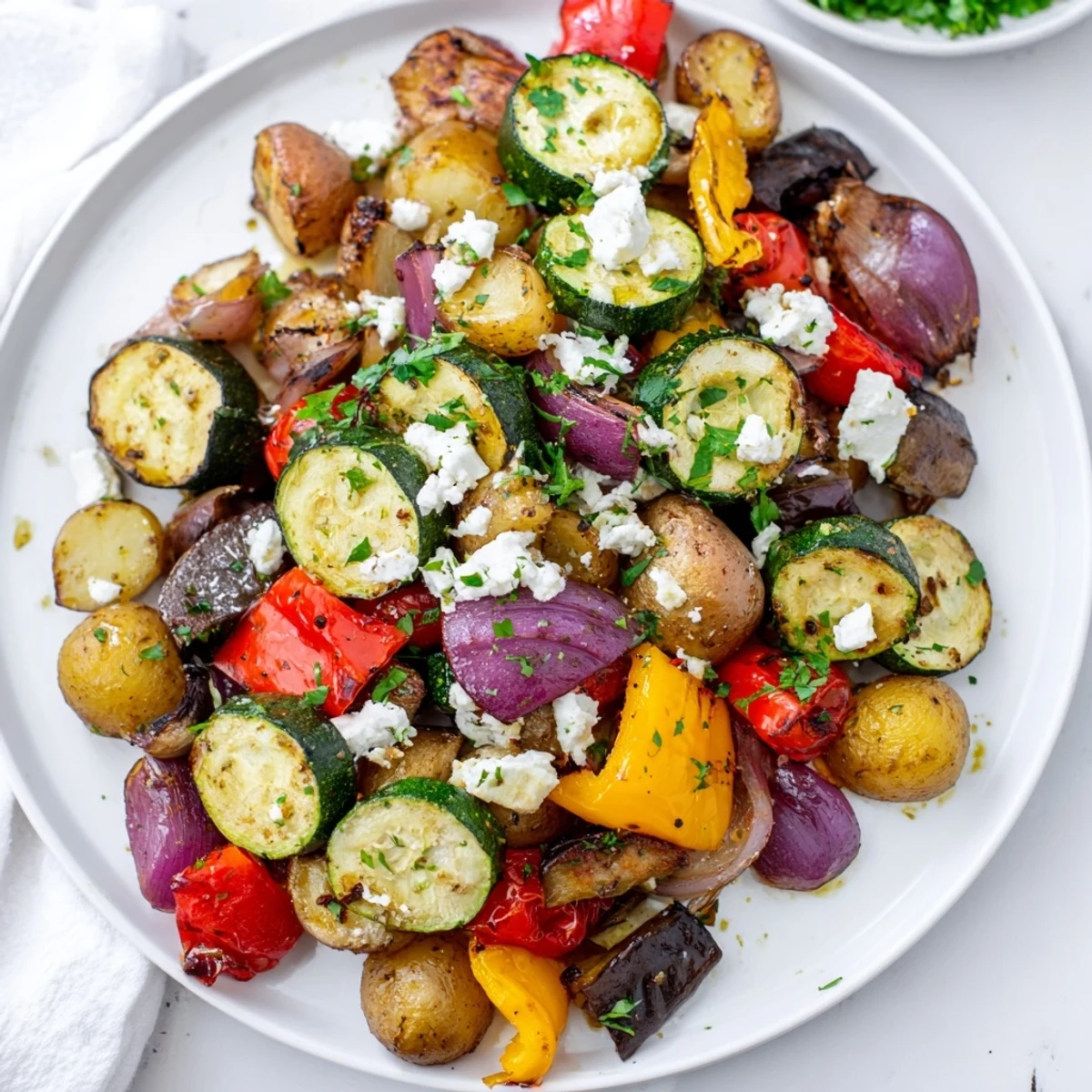 Colorful roasted Mediterranean vegetables drizzled with olive oil and aromatic Greek herbs