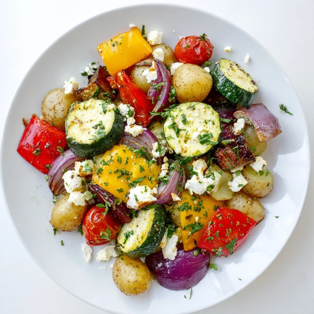 Golden sheet pan vegetables seasoned with lemon garlic and topped with crumbled feta cheese