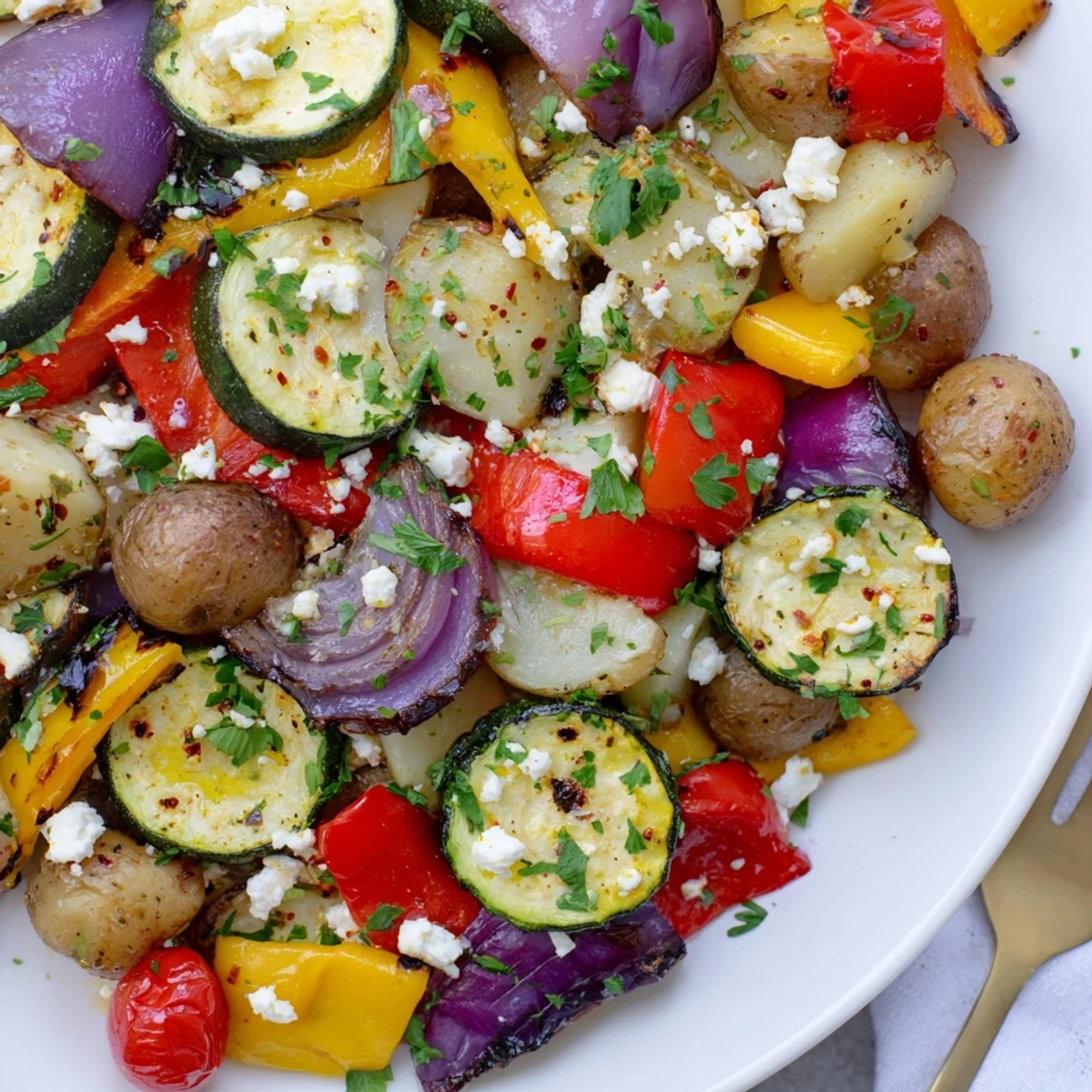 Tender zucchini peppers and eggplant roasted until caramelized with fresh oregano and parsley