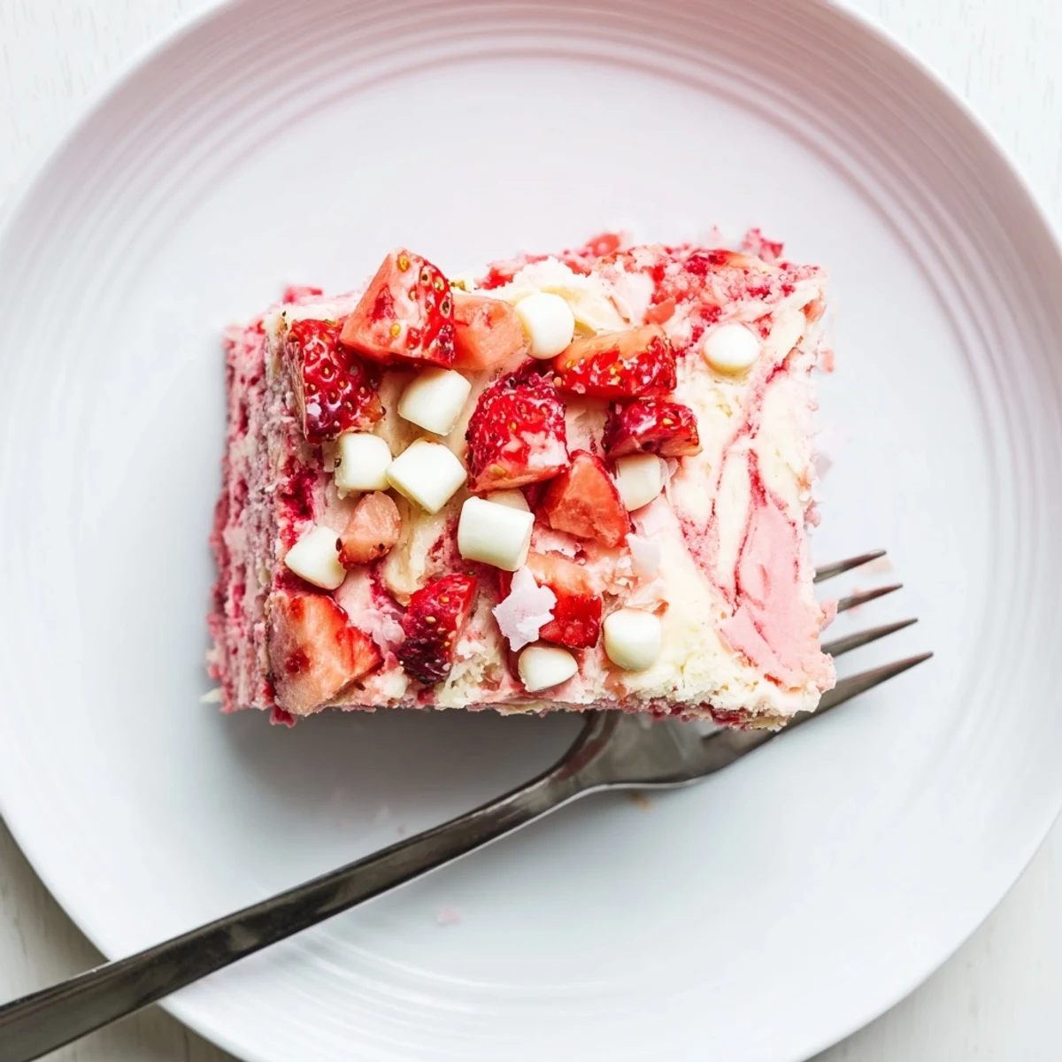 Gooey strawberry earthquake cake with cream cheese swirls and fresh strawberry chunks on a white plate