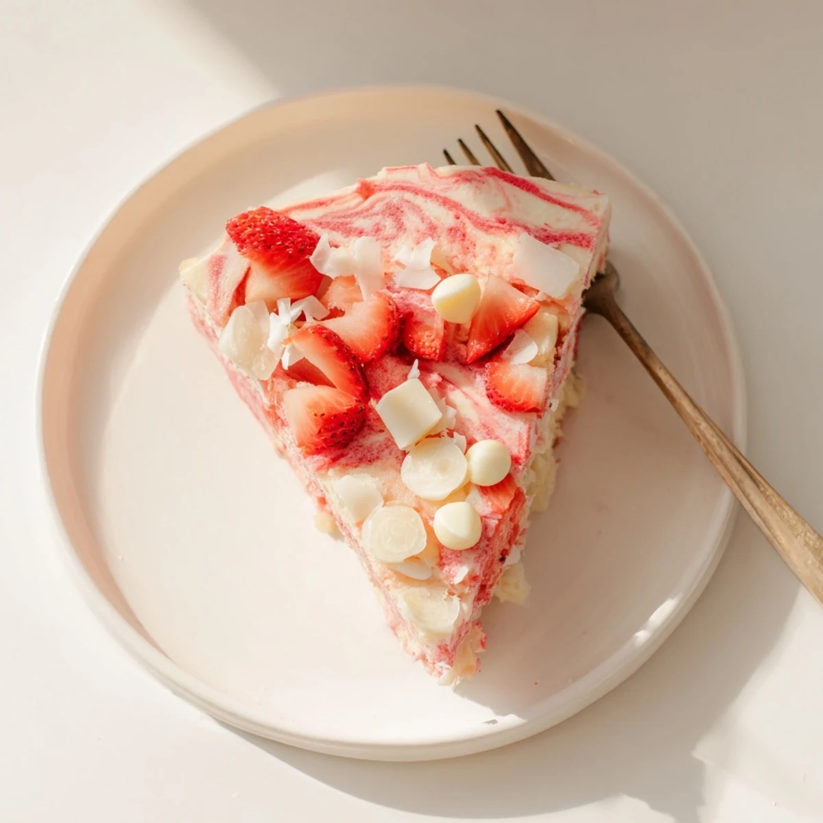 Sliced strawberry earthquake cake showing marbled cheesecake layers topped with juicy red berries and white chocolate chips