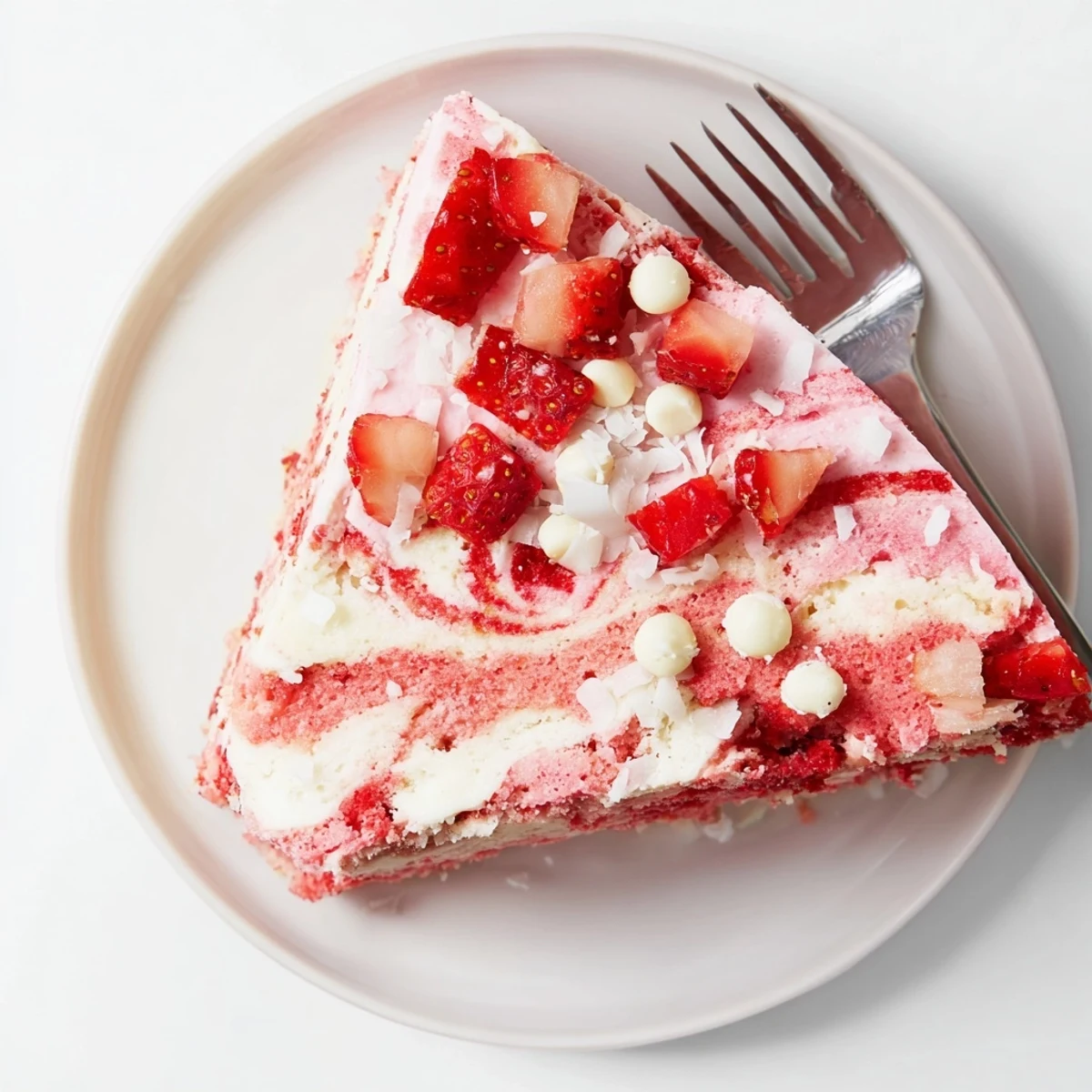 Warm strawberry earthquake cake dessert with molten cream cheese center and diced strawberry toppings ready to serve