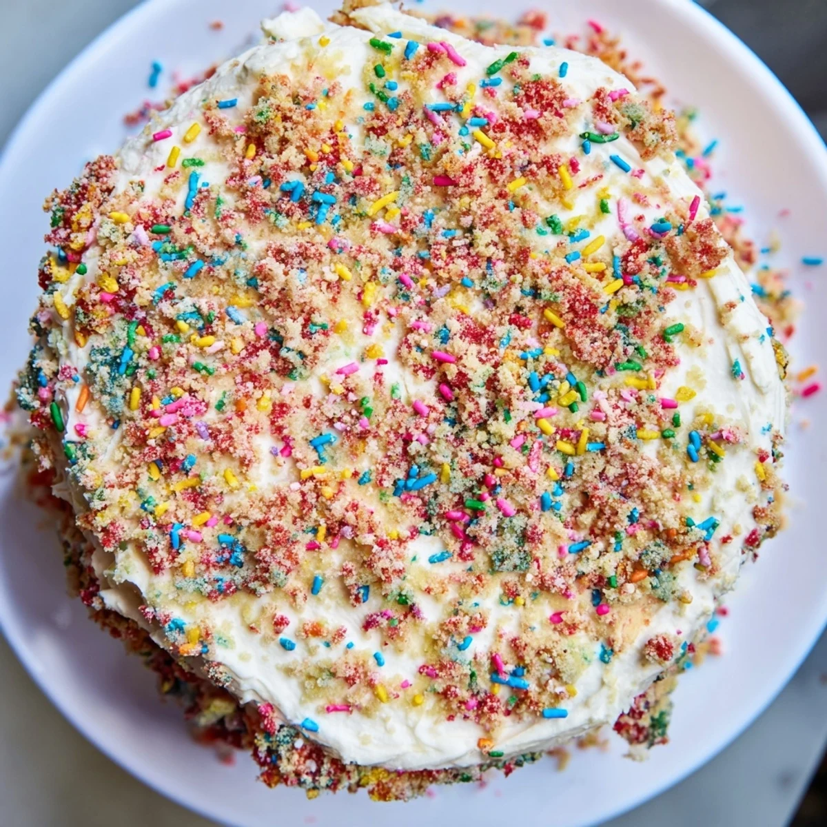 Milk Bar Birthday Cake slice revealing colorful sprinkles nestled between fluffy vanilla frosting layers