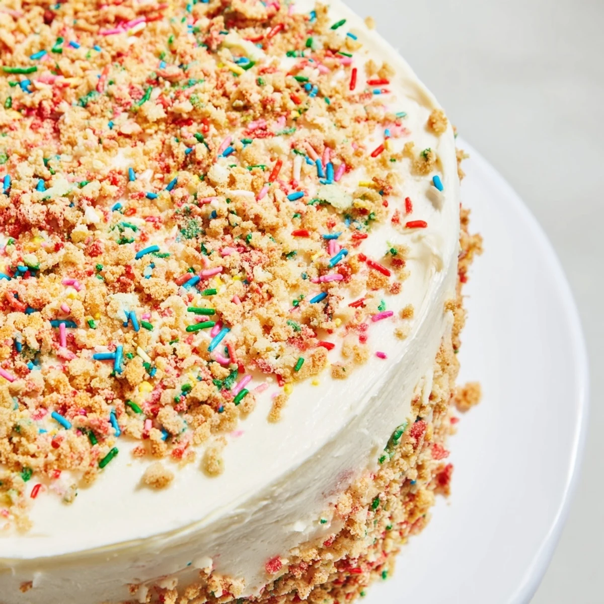 Generous slice of Milk Bar Birthday Cake showing moist sponge, cream cheese frosting, and confetti sprinkles