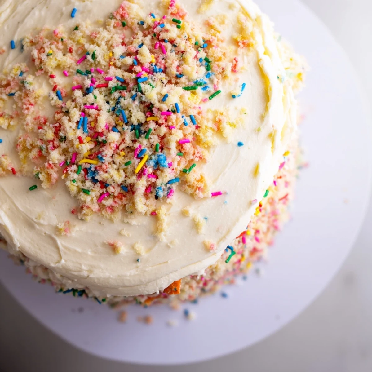 Tall stacked Milk Bar Birthday Cake topped with buttercream and vibrant rainbow crumb coating