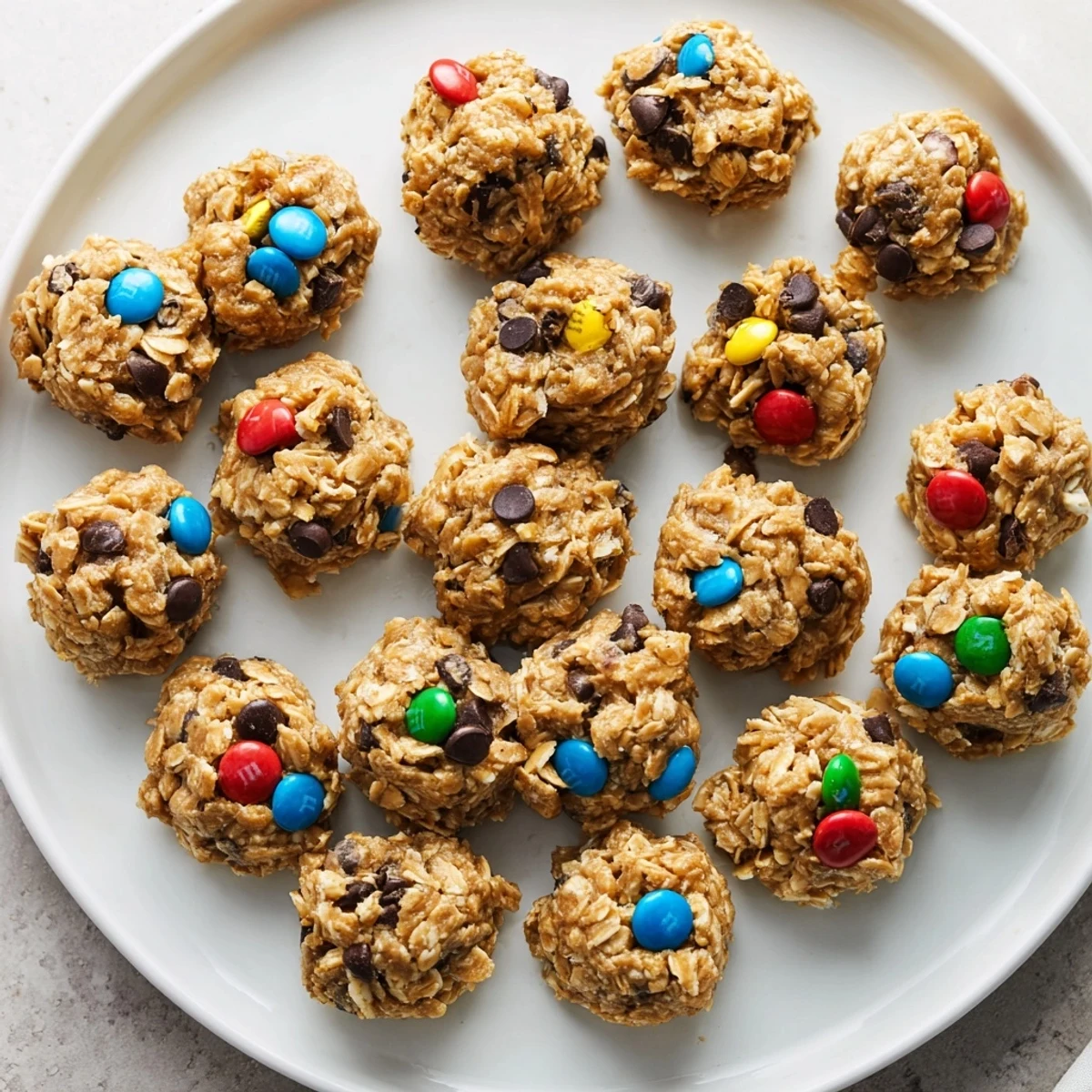No-bake monster cookie protein balls featuring oats, peanut butter, and mini M&Ms