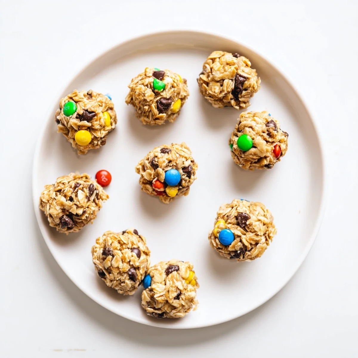 Wholesome monster cookie protein balls rolled with chocolate chips and candy-coated chocolates