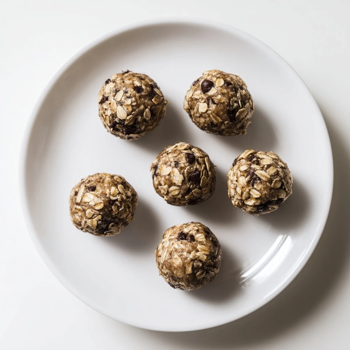 Fresh mint chocolate chip protein balls rolled into bite-sized spheres on a white plate