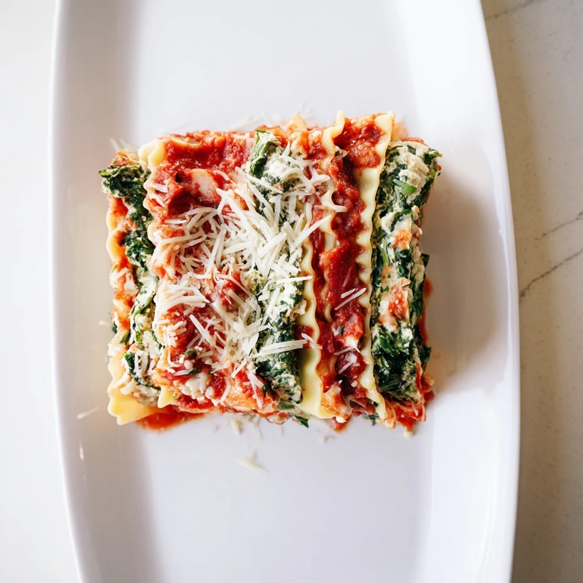 Golden-baked classic spinach ricotta lasagna with bubbling mozzarella and rich marinara sauce