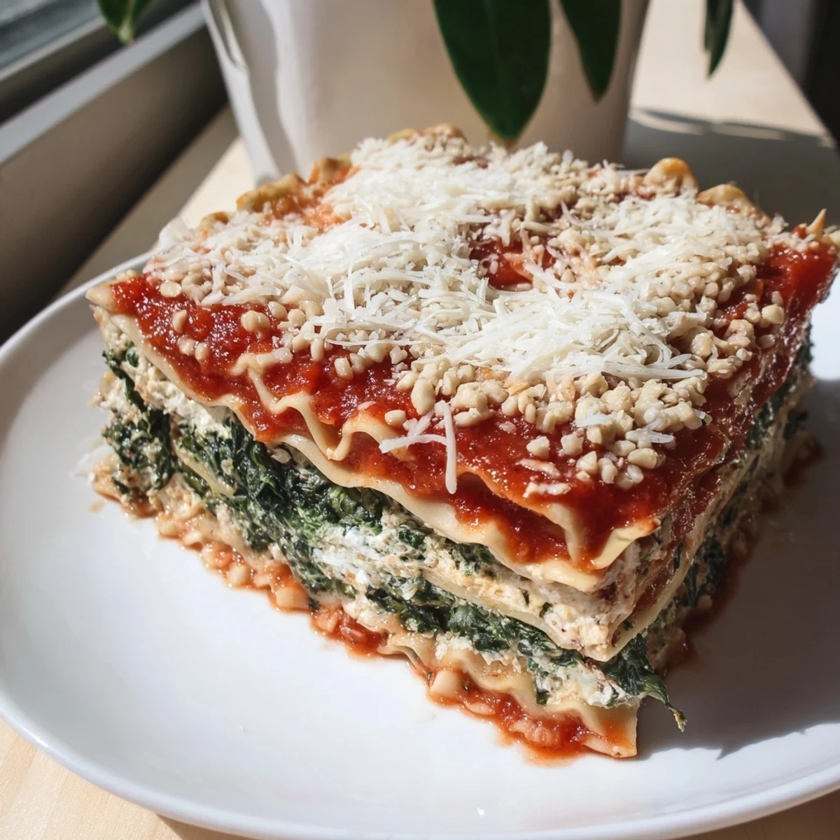 Homemade spinach ricotta lasagna featuring layers of tender pasta and creamy melted cheese
