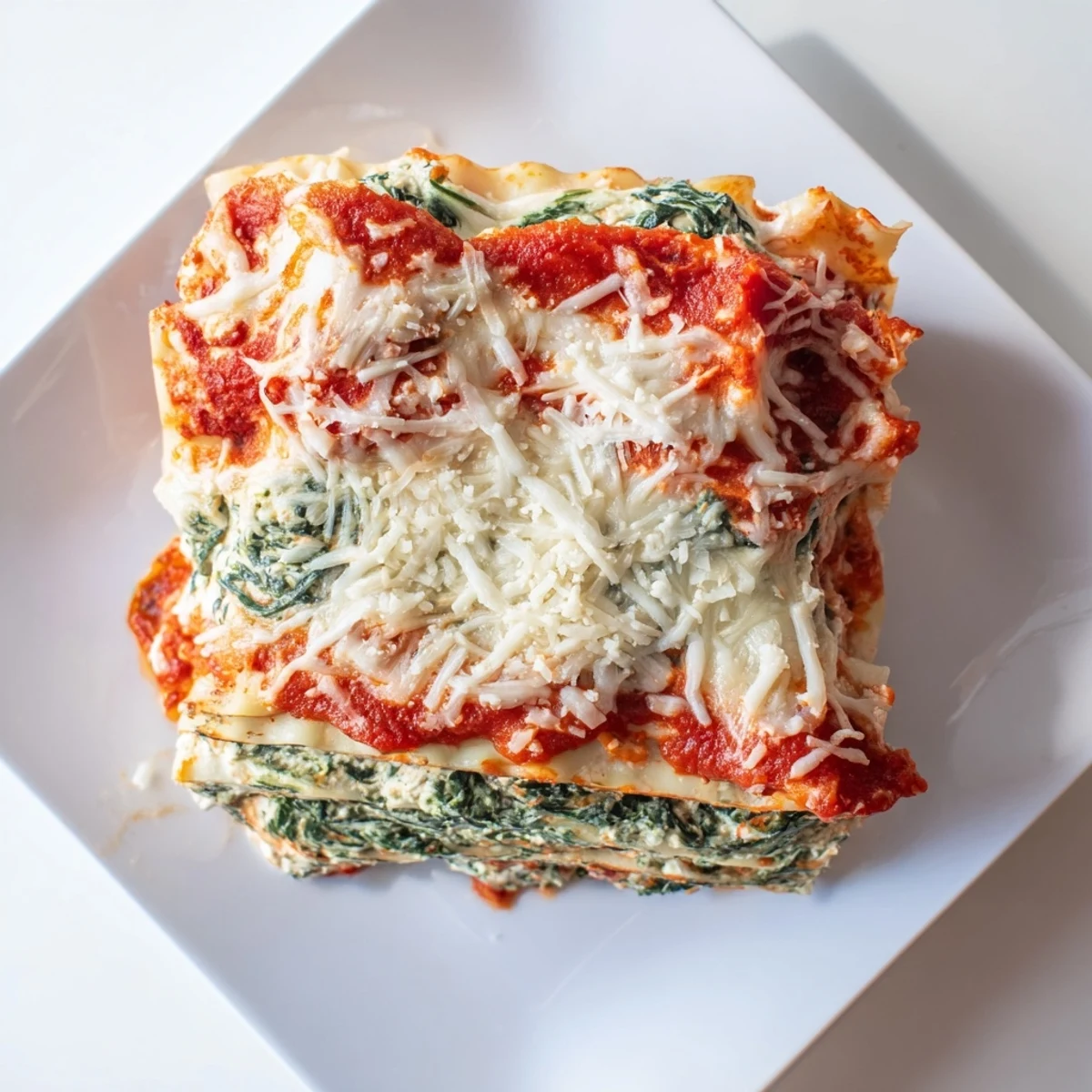 Vegetarian spinach ricotta lasagna sliced into servings with fresh tomato sauce and herbs