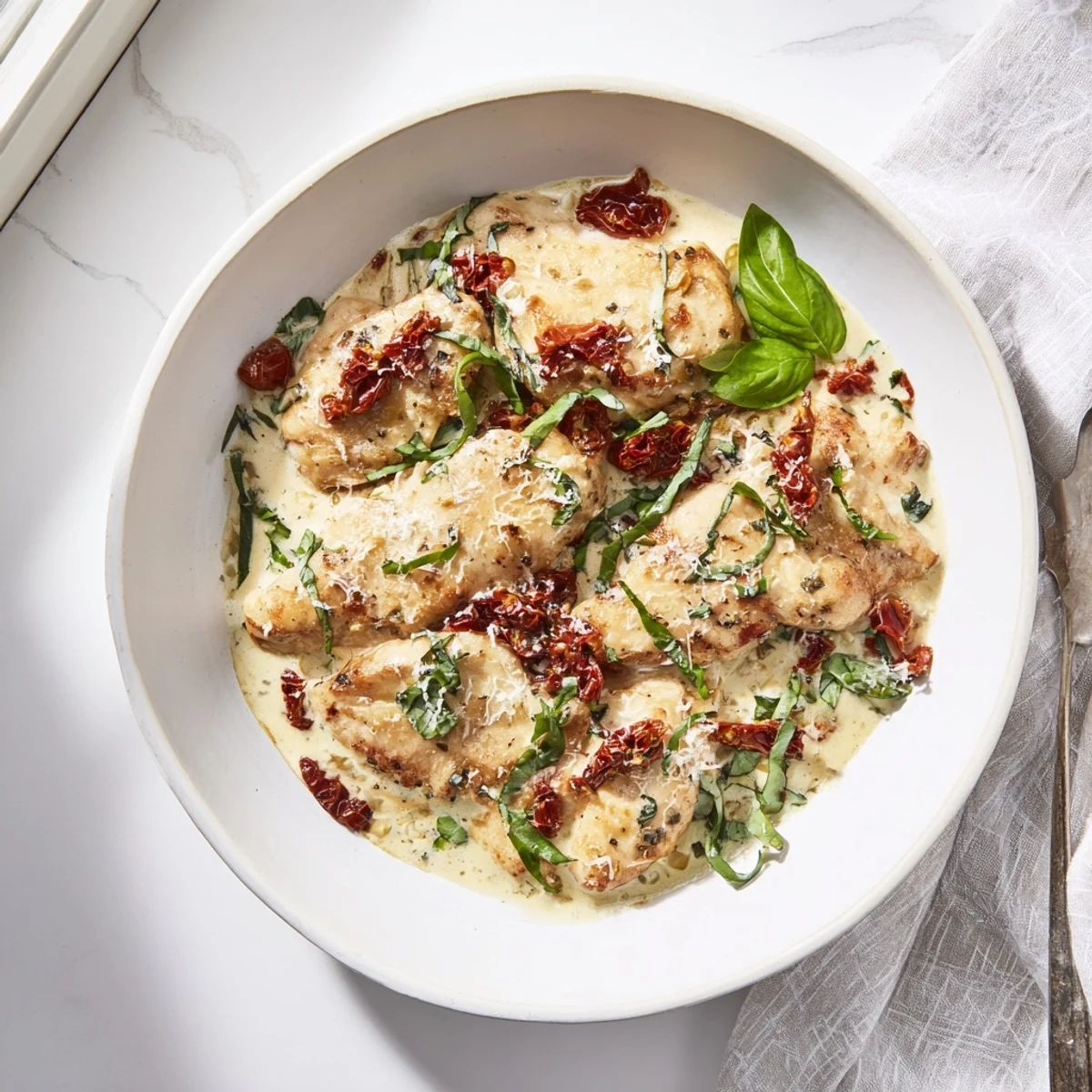 Golden seared chicken breasts resting in a rich garlic cream sauce with sun-dried tomatoes